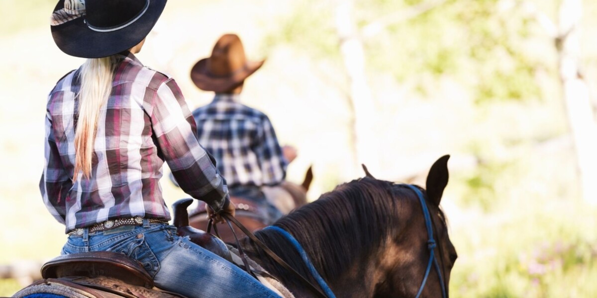 Girl in western attire on horseback.