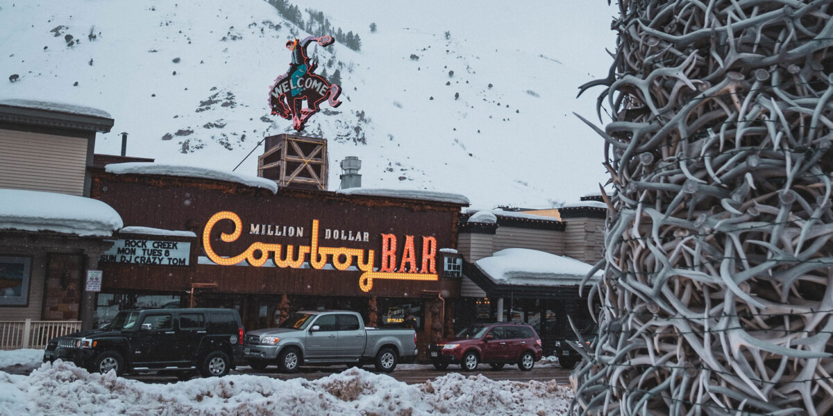 View in winter from antler arch in Town Square of Million Dollar Cowboy Bar