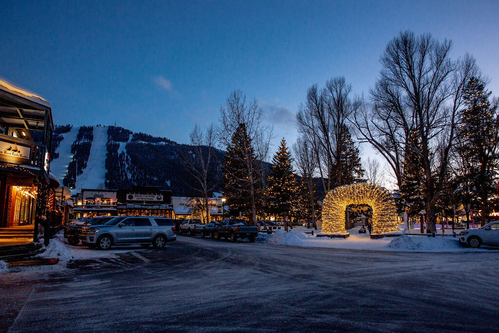 Winter antler arches downtown holiday lights